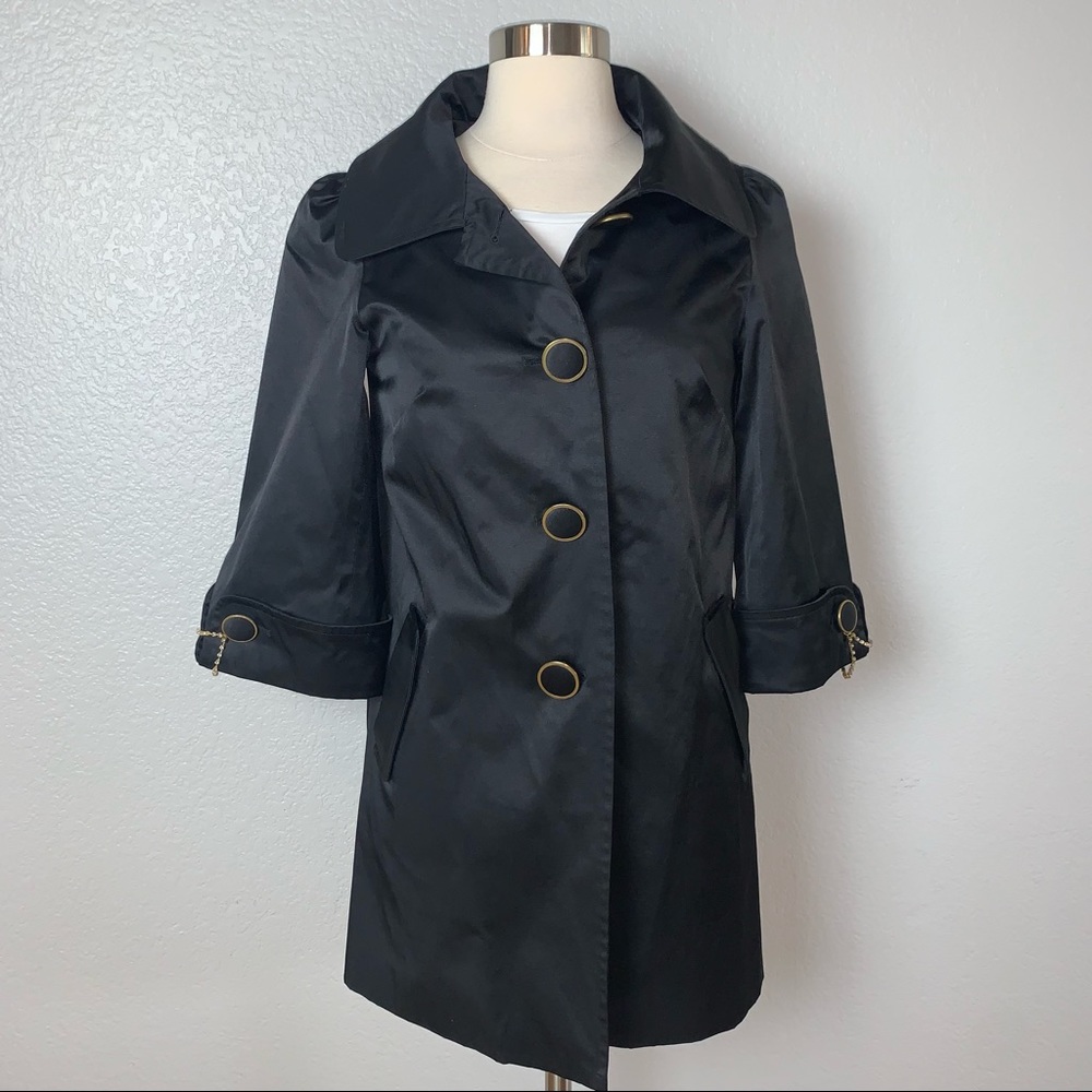 Juicy Girl Trench Coat Women’s S Black Button Down Lined 2 Pockets 3/4 Sleeve